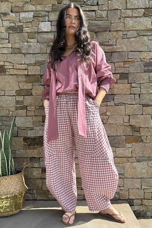 Nonni Gingham Classic Barrel Pant Indian Pink Pre order 9 days 